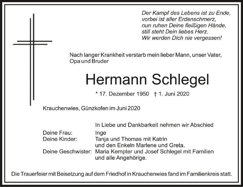 Traueranzeigen Von Hermann Schlegel | Schwaebische.de Trauerportal