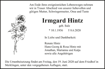 Anzeige von Irmgard Hintz von Schwäbische Zeitung