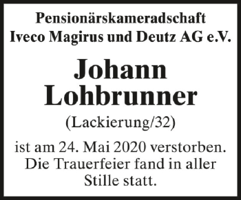 Anzeige von Johann Lohbrunner von Schwäbische Zeitung