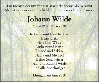 Anzeige von Johann Wilde von Schwäbische Zeitung