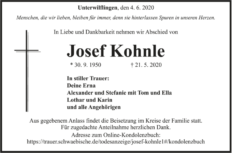  Traueranzeige für Josef Kohnle vom 04.06.2020 aus Schwäbische Zeitung