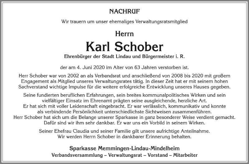  Traueranzeige für Karl Schober vom 09.06.2020 aus Schwäbische Zeitung