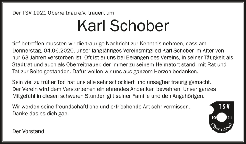  Traueranzeige für Karl Schober vom 10.06.2020 aus Schwäbische Zeitung