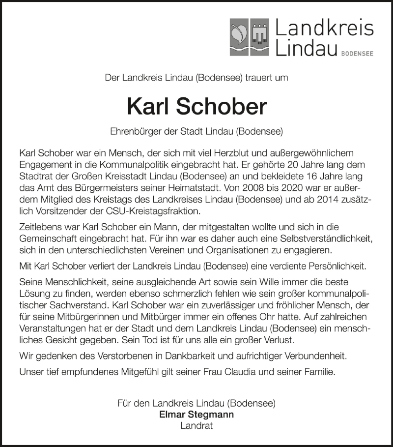  Traueranzeige für Karl Schober vom 06.06.2020 aus Schwäbische Zeitung