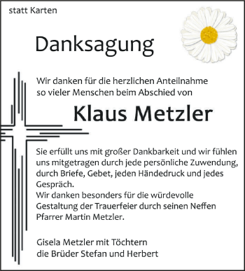 Anzeige von Klaus Metzler von Schwäbische Zeitung
