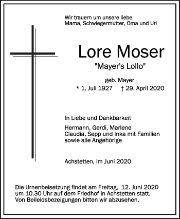 Anzeige von Lore Moser von Schwäbische Zeitung