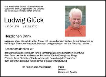 Anzeige von Ludwig Glück von Schwäbische Zeitung