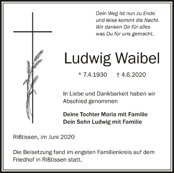 Anzeige von Ludwig Waibel von Schwäbische Zeitung