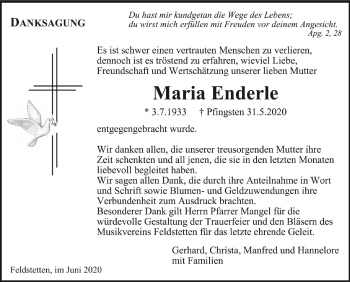 Anzeige von Maria Enderle von Schwäbische Zeitung