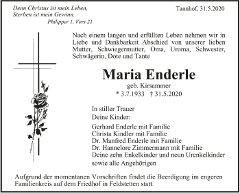 Anzeige von Maria Enderle von Schwäbische Zeitung