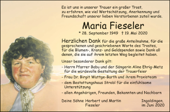 Anzeige von Maria Fieseler von Schwäbische Zeitung