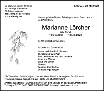 Anzeige von Marianne Lörcher von Schwäbische Zeitung