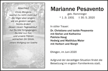 Anzeige von Marianne Pesavento von Schwäbische Zeitung