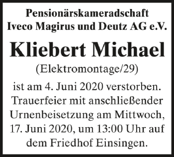 Anzeige von Michael Kliebert von Schwäbische Zeitung