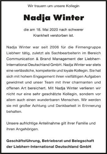 Anzeige von Nadja Winter von Schwäbische Zeitung