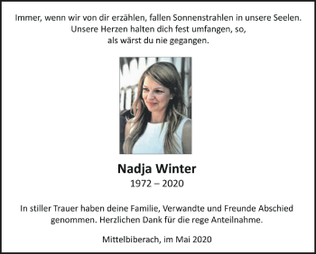 Anzeige von Nadja Winter von Schwäbische Zeitung