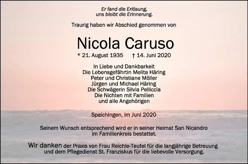 Traueranzeigen von Nicola Caruso schwaebische.de Trauerportal