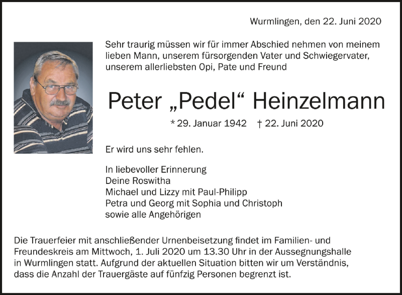  Traueranzeige für Peter Heinzelmann vom 27.06.2020 aus Schwäbische Zeitung