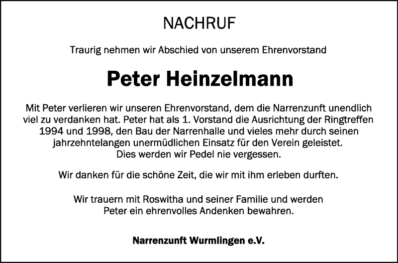 Traueranzeige für Peter Heinzelmann vom 30.06.2020 aus Schwäbische Zeitung
