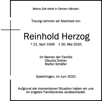 Anzeige von Reinhold Herzog von Schwäbische Zeitung
