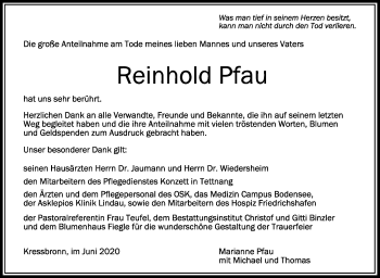 Anzeige von Reinhold Pfau von Schwäbische Zeitung