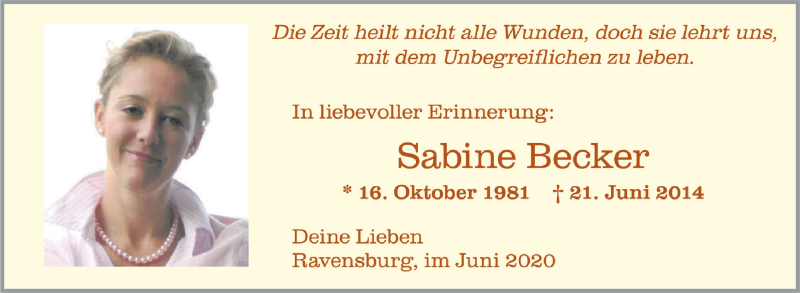  Traueranzeige für Sabine Becker vom 20.06.2020 aus Schwäbische Zeitung