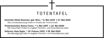 Anzeige von Totentafel vom 02.06.2020 von Schwäbische Zeitung