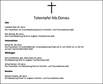 Anzeige von Totentafel vom 03.06.2020 von Schwäbische Zeitung