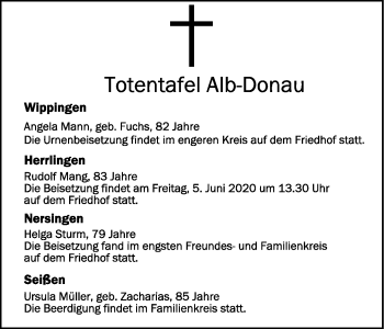 Anzeige von Totentafel vom 06.04.2020 von Schwäbische Zeitung