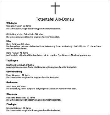 Anzeige von Totentafel vom 09.06.2020 von Schwäbische Zeitung