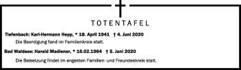 Anzeige von Totentafel vom 10.06.2020 von Schwäbische Zeitung