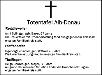 Anzeige von Totentafel vom 10.06.2020 von Schwäbische Zeitung