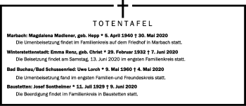 Anzeige von Totentafel vom 12.06.2020 von Schwäbische Zeitung