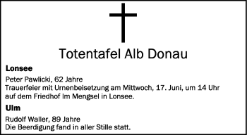 Anzeige von Totentafel vom 13.06.2020 von Schwäbische Zeitung