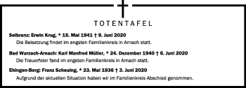 Anzeige von Totentafel vom 13.06.2020 von Schwäbische Zeitung