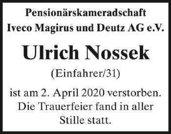 Anzeige von Ulrich Nossek von Schwäbische Zeitung