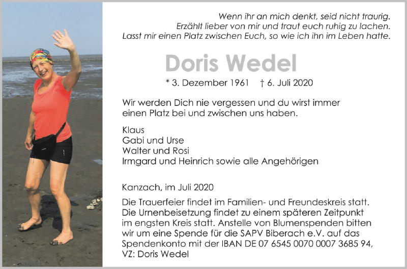  Traueranzeige für Doris Wedel vom 09.07.2020 aus Schwäbische Zeitung