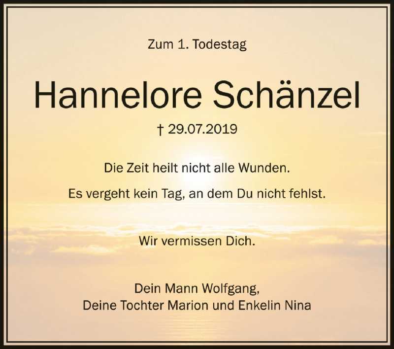 Traueranzeige für Hannelore Schänzel vom 29.07.2020 aus Schwäbische Zeitung