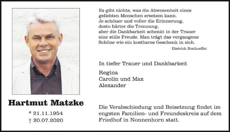  Traueranzeige für Hartmut Matzke vom 25.07.2020 aus Schwäbische Zeitung