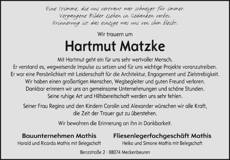  Traueranzeige für Hartmut Matzke vom 29.07.2020 aus Schwäbische Zeitung