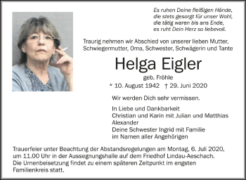 Traueranzeigen von Helga Eigler | schwaebische.de Trauerportal