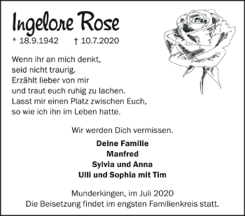 Anzeige von Ingelore Rose von Schwäbische Zeitung