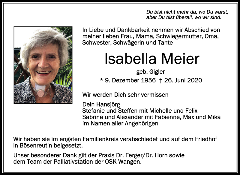  Traueranzeige für Isabella Meier vom 04.07.2020 aus Schwäbische Zeitung