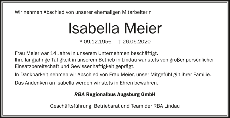  Traueranzeige für Isabella Meier vom 09.07.2020 aus Schwäbische Zeitung