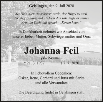 Anzeige von Johanna Feil von Schwäbische Zeitung