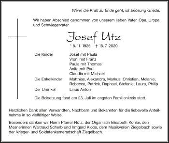 Anzeige von Josef Utz von Schwäbische Zeitung