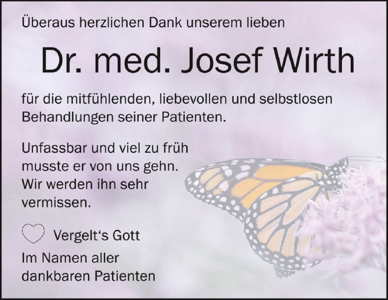  Traueranzeige für Josef Wirth vom 25.07.2020 aus Schwäbische Zeitung