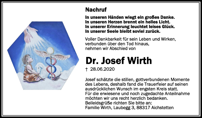  Traueranzeige für Josef Wirth vom 06.07.2020 aus Schwäbische Zeitung