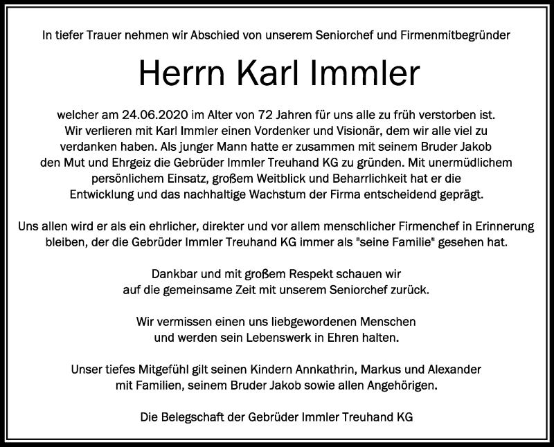  Traueranzeige für Karl Immler vom 01.07.2020 aus Schwäbische Zeitung