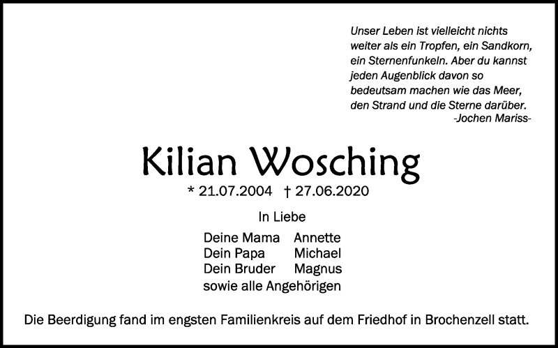  Traueranzeige für Kilian Wosching vom 06.07.2020 aus Schwäbische Zeitung